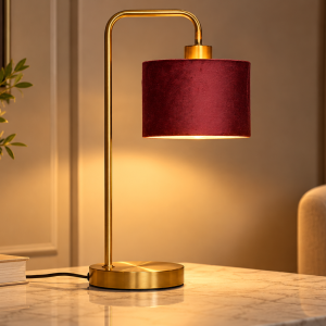 Gold Arc Table Lamp with Maroon Fabric Shade